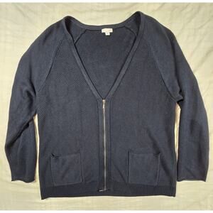 J Jill Womens Cardigan V Neck Waffle Knit Zip Front Sweater with Pockets Blue XL